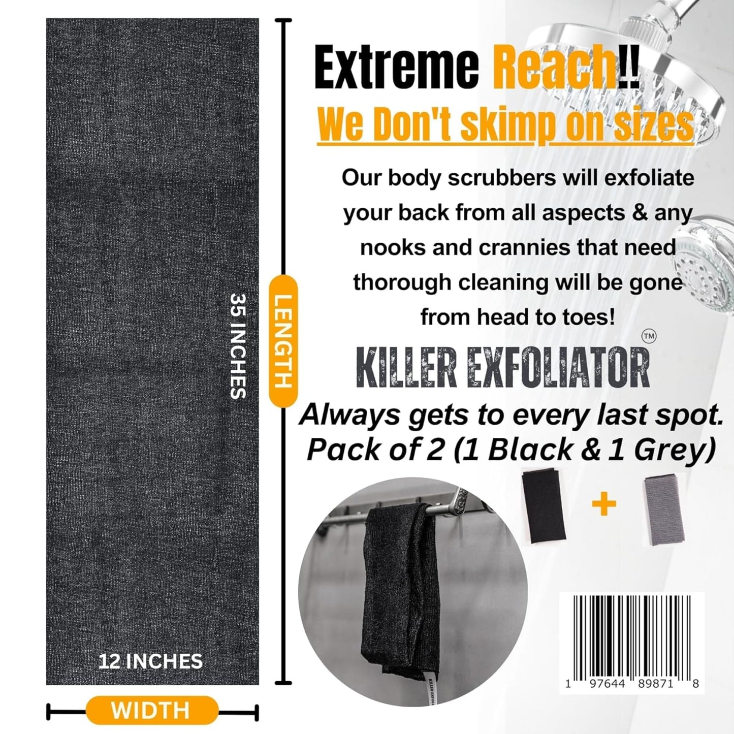 Extra Rough Exfoliating Washcloth-Extreme Body & Back Scrubber for Shower, Men & Women, 2 Count Pack, Black & Grey,