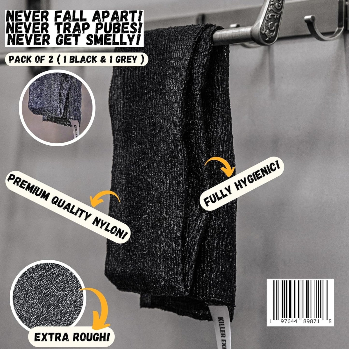 Extra Rough Exfoliating Washcloth-Extreme Body & Back Scrubber for Shower, Men & Women, 2 Count Pack, Black & Grey,