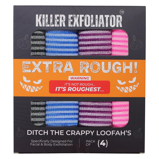 Killer Exfoliator Premium Extra-Rough Japanese Exfoliating Body Scrubber: Extra Long, Hygienic, Body Scrubber Exfoliator for Men & Women - 4 Count Pack (Black, Blue, Purple & Pink)