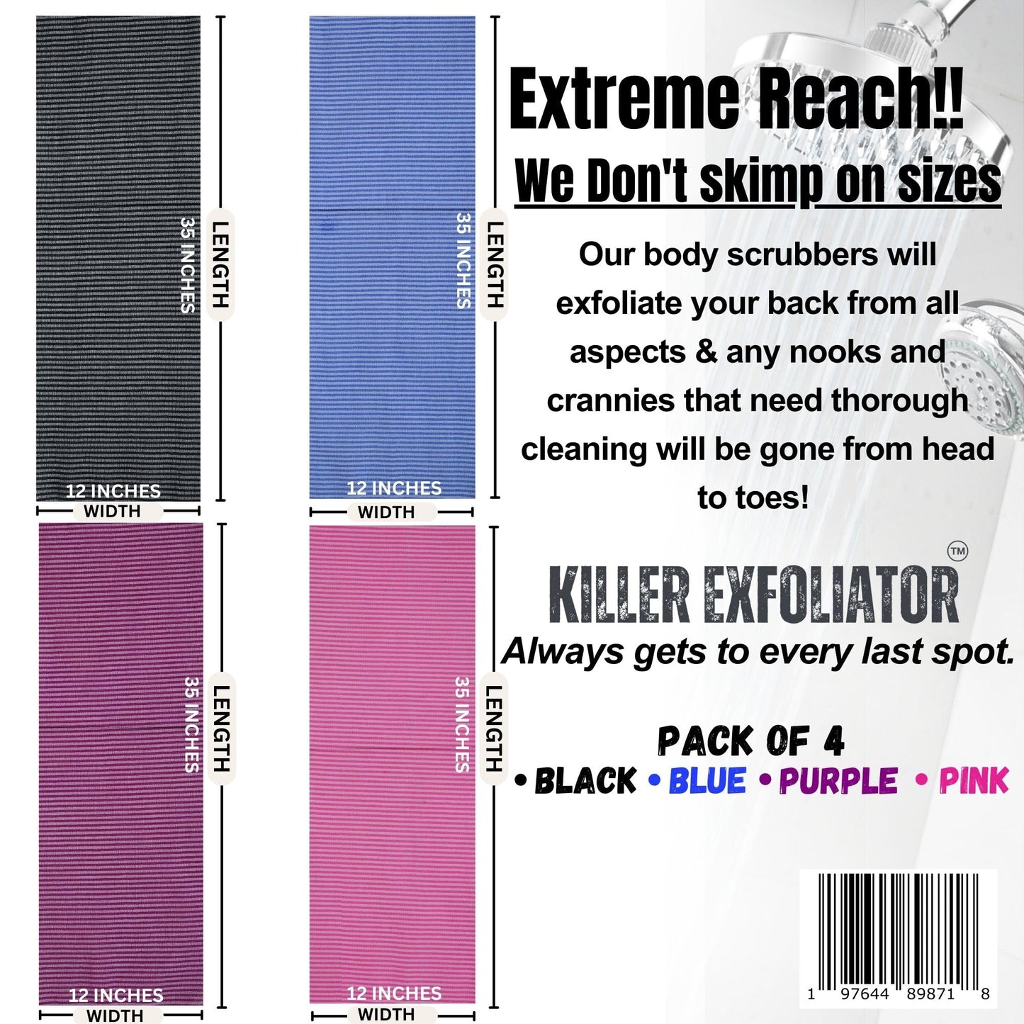 Killer Exfoliator Premium Extra-Rough Japanese Exfoliating Body Scrubber: Extra Long, Hygienic, Body Scrubber Exfoliator for Men & Women - 4 Count Pack (Black, Blue, Purple & Pink)